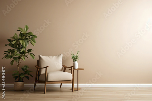 Amidst the calm of a beige living room, a solitary wooden chair stands beside a lush plant and an empty frame ready for your thoughts.