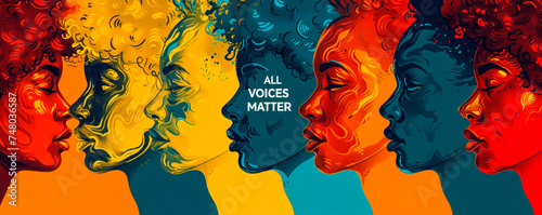 Vibrant artistic illustration featuring diverse profiles of people with ALL VOICES MATTER text, symbolizing inclusivity and the importance of diversity