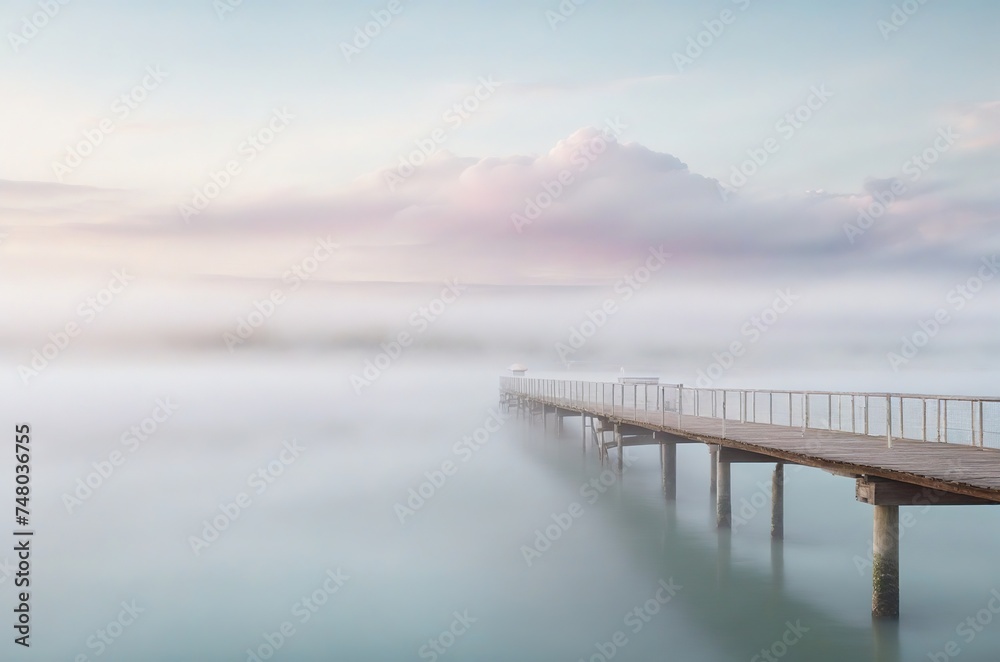 misty morning landscape in pastel colors with river, pier and large cloud