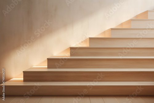 Minimalist Scandinavian stairs adorned with subtle beige hues  complemented by natural wood elements and soft ambient lighting.