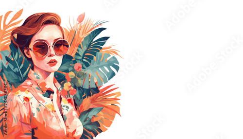 Beautiful woman in sunglasses at summer vacation with tropical leaves in background. Flat vector illustration isolated on white background.
