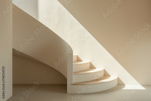 A captivating interplay of light and shadow dances across the smooth surfaces of a beige staircase  embodying the essence of Scandinavian minimalism.