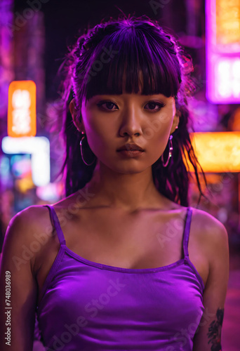 Oriental girl in a neon-lit environment. Created with generative AI tools.