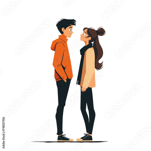 Boy and girl couple love looking at each other, St. Valentines day holiday, isolated on white background.