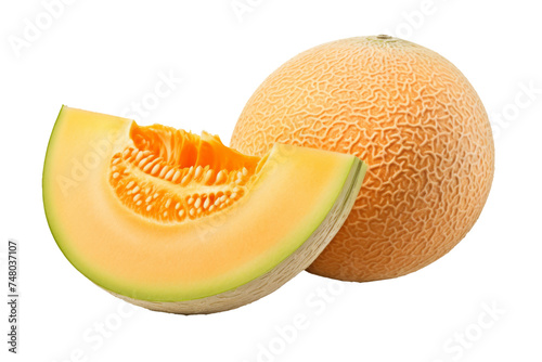 Melon fruit with half slice isolated on transparent background, ripe tropical natural fruit concept, Healthy food with high of vitamin and minerals. Freshness of juicy fruit.