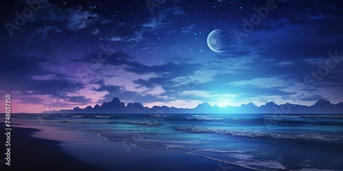 night blue sky sea glowing moon moonlight seascape. © Nopparat