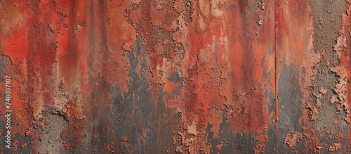A worn metal surface displaying a combination of red and grey paint, showcasing scratches, cracks, dust, and rough textures. The distressed appearance adds character and depth to the design.