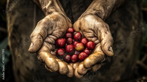 Man holds ripe red coffee berries, symbolizing the labor and love that goes into every cup of coffee.