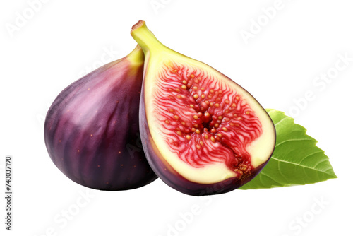 Figs fruit with half slice isolated on transparent background, ripe tropical natural fruit concept, Healthy food with high of vitamin and minerals. Freshness of juicy fruit.
