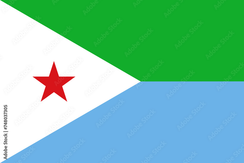 Close-up of white, red, green and blue national flag of African country of Djibouti with red star. Illustration made February 29th, 2024, Zurich, Switzerland. Close-up of white, red, green and blue national flag of African country of Djibouti with red star. Illustration made February 29th, 2024, Zurich, Switzerland.