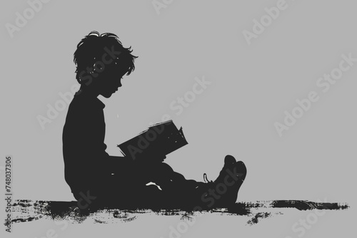 Silhouette of little boy reading book, rusty style black flat illustration isolated on white background.