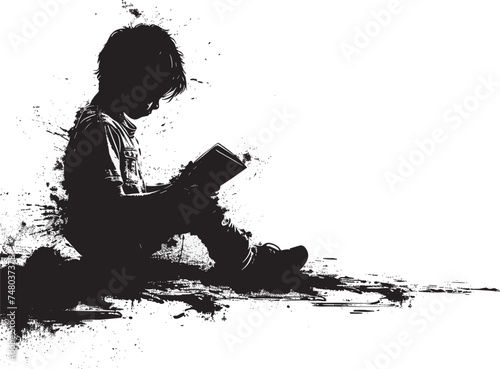 Silhouette of little boy reading book, rusty style black flat illustration isolated on white background.