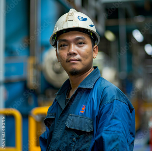 a southeast asian man, wearing blue offshore wirk coveralls, in an iffshore facility, working in operational technologh scyber security photo