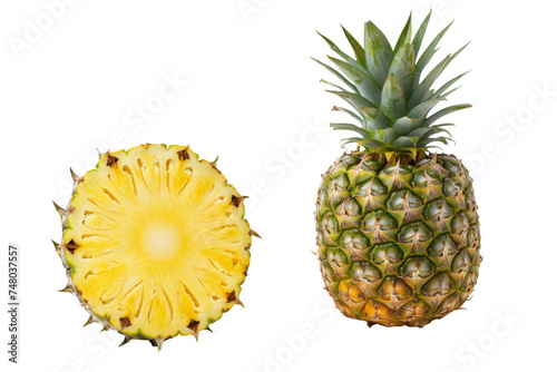 Pineapple with half slices falling or floating in the air with green leaves isolated on background, Fresh organic fruit with high vitamins and minerals.