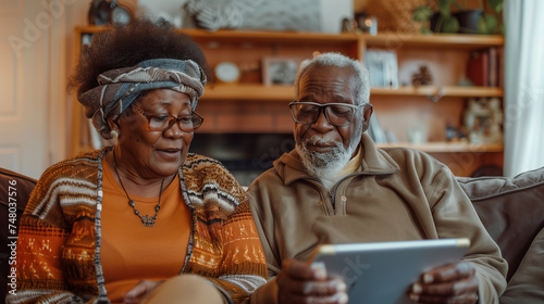 a senior black couple on a couch with a tablet, rendered in dark orange and emerald, featuring maximalist, unique knit and crochet textures.