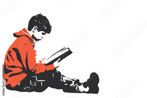 Little boy in red sweater reading book flat silhouette, self education, learning time, illustration isolated on white background.