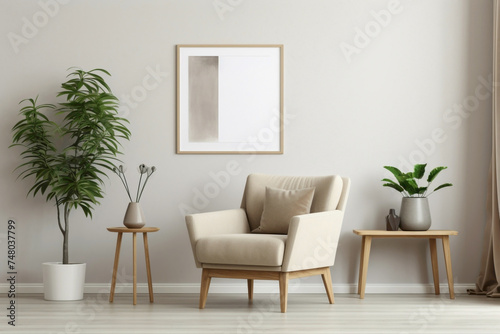 Beige and Scandinavian fusion in a living area, showcasing a single chair, a plant, and an empty frame for your words. © ASMAT