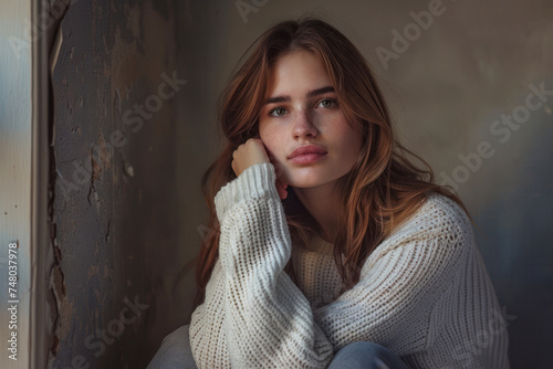 Thoughtful woman in a white sweater, sitting with legs crossed and chin resting on her hand.