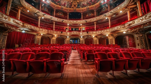 Rows of sumptuous velvet red seats in a grand theater.