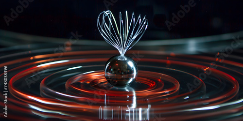 The magnetic field lines around a bar magnet, Exploring Field Lines Around a Bar Magnet, Abstract metal spring creating ripples in liquid, Kinetic sculpture with ripple effect on water surface photo