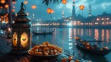 During the Muslim feast of Ramadan Kareem, a lantern with a moon symbol on the top and a plate of dates fruits are shown with bokeh light in the night sky.