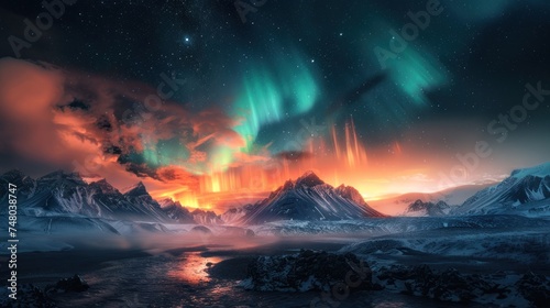 Northern lights dance across the Icelandic sky, casting an ethereal glow over the landscape.