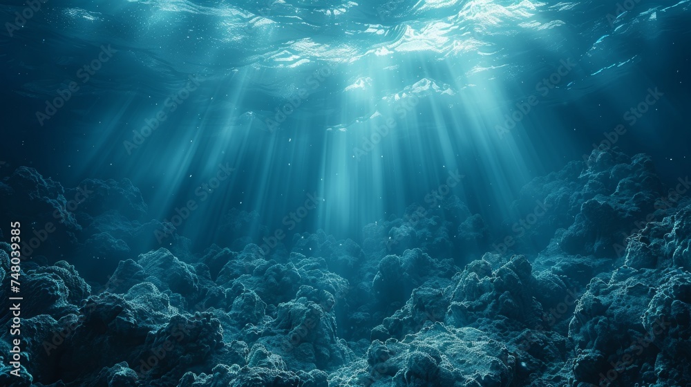 Blue Sunlight in a Deep Abyss Underwater