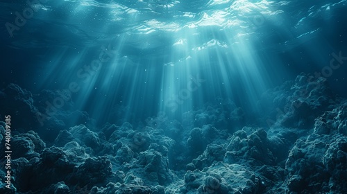 Blue Sunlight in a Deep Abyss Underwater