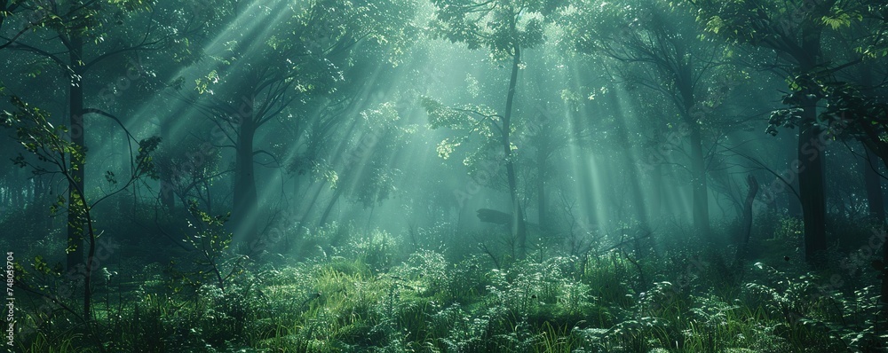 Deep forest scene with rays of light piercing through, revealing the hidden beauty and tranquility of nature Deep forest scene with rays of light piercing through, revealing the hidden beauty and tranquility of nature