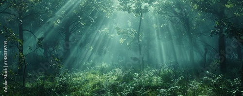 Deep forest scene with rays of light piercing through, revealing the hidden beauty and tranquility of nature