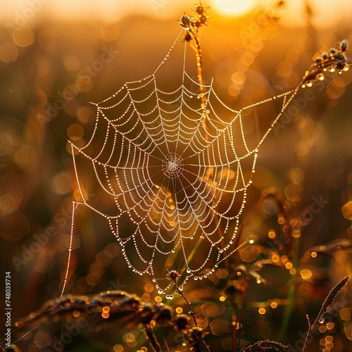 Dew-covered spider web in the early morning light, showcasing the intricate beauty and engineering of insect creations