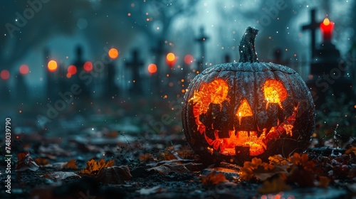 Halloween Jack-O-Lantern in Cemetery in Spooky Night With Full Moon