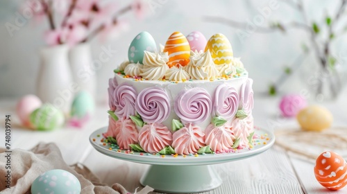 pink cream Easter cake with colorful painted eggs on top  soft light background  poster