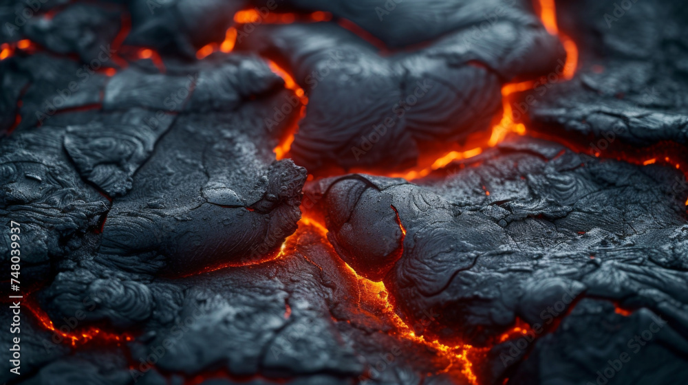Texture of crispy black lava rocks covered in a layer of bright red hot lava resembling a thick crust. Texture of crispy black lava rocks covered in a layer of bright red hot lava resembling a thick crust.