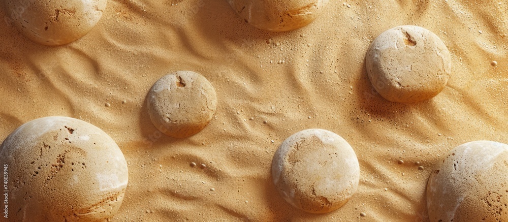 A collection of rocks of varying sizes sitting atop a sandy beach. The ...