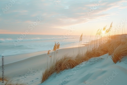 Editorial Photography focusing on the serene beauty of the beach and ocean at sunrise  highlighting the peaceful morning ambiance