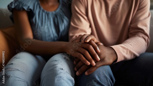 Black woman and man holding hands  sitting on couch 