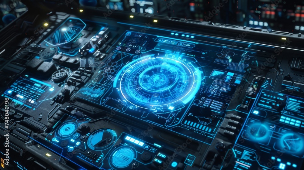 AI interface with blue holograms, showcasing cyber intellect, ideal for futuristic AI technology promotions. AI interface with blue holograms, showcasing cyber intellect, ideal for futuristic AI technology promotions.