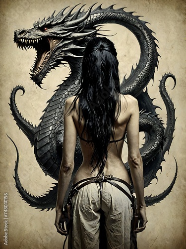 Painted girl with a dragon, tattoo. AI generated