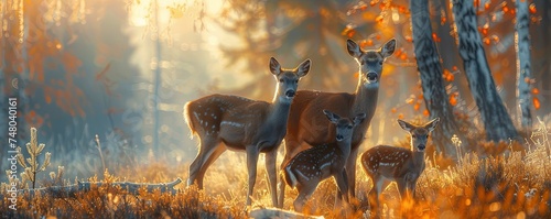 Elegant deer family in misty forest dawn, capturing the tranquil beauty of wildlife and the importance of animal families