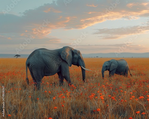 Elephants roaming the savannah, a family journey under the African sky, symbolizing wildlife resilience