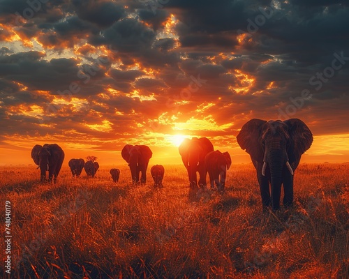 Elephants roaming the savannah, a family journey under the African sky, symbolizing wildlife resilience © stardadw007