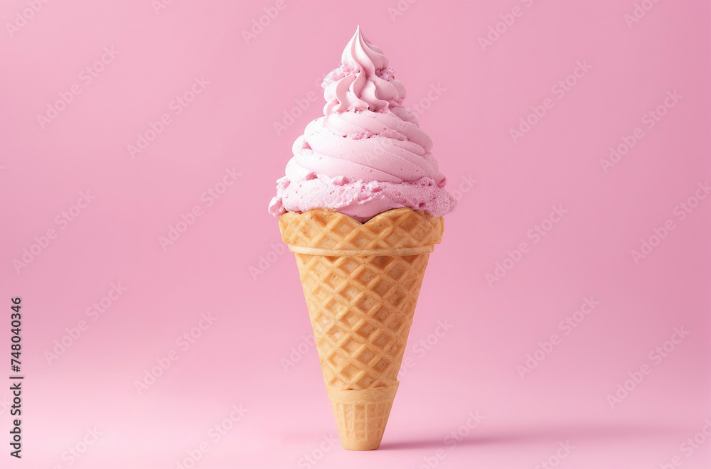 pink ice cream in waffel cone on pastel background pink ice cream in waffel cone on pastel background