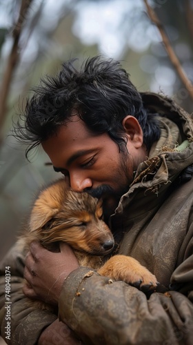 Heartwarming scene of animal rescue, showcasing the compassionate bond between humans and animals in need © stardadw007