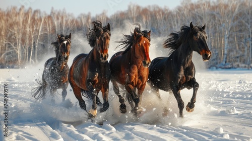 Horses galloping in winter landscape