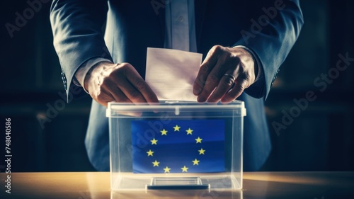 Voter placing a ballot paper into a transparent box with the European Union flag.