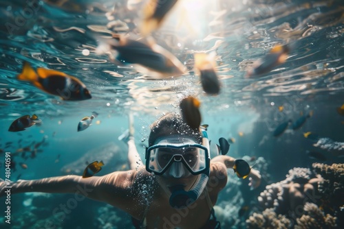 Woman in snorkeling mask dive underwater, see tropical fishes in coral reef sea. Travel adventure