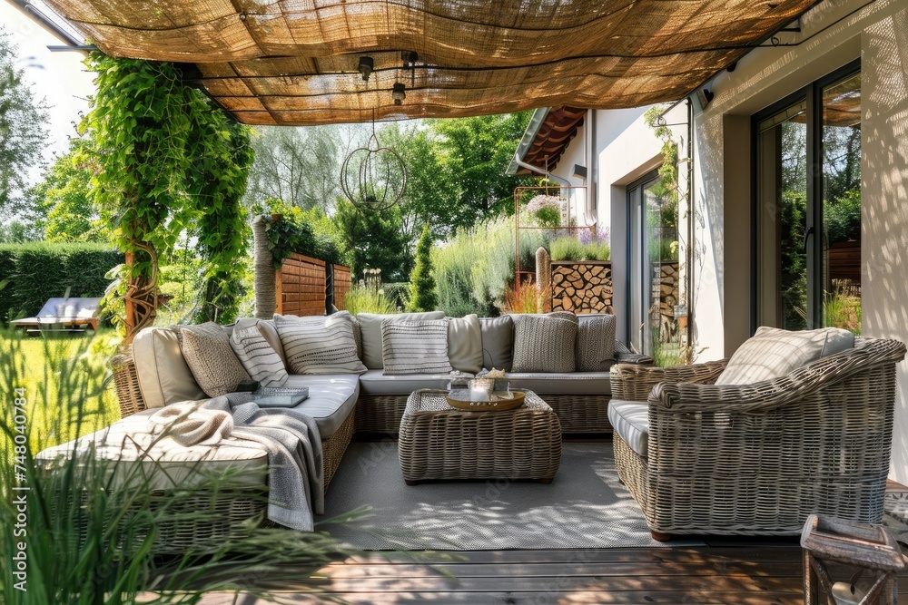 Cozy patio with sofas and a table. Pergola shade over patio. Cozy patio with sofas and a table. Pergola shade over patio.