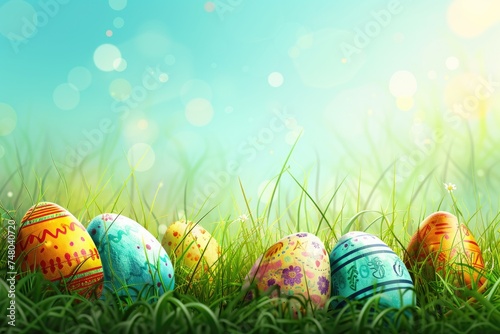A group of colorful Easter eggs in the grass