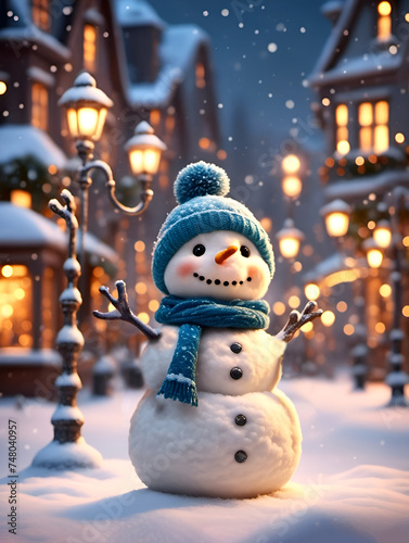 Cute happy snowman enjoying the falling snowflakes in small town winter evening